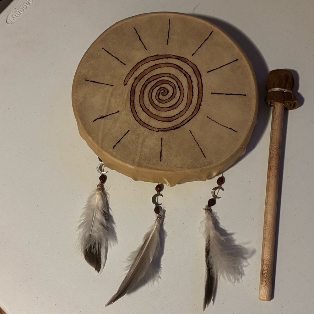 Handcrafted Tan Spiral Drum with Feathers and Mallet - Unbranded